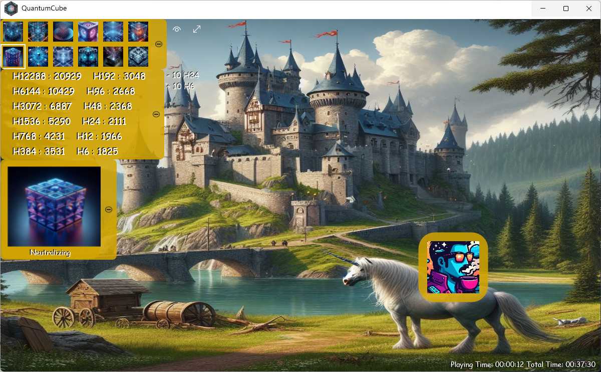 Castle Rigby Destination in Neutralizing Mode — unicorn and QuantumCube interface overlay